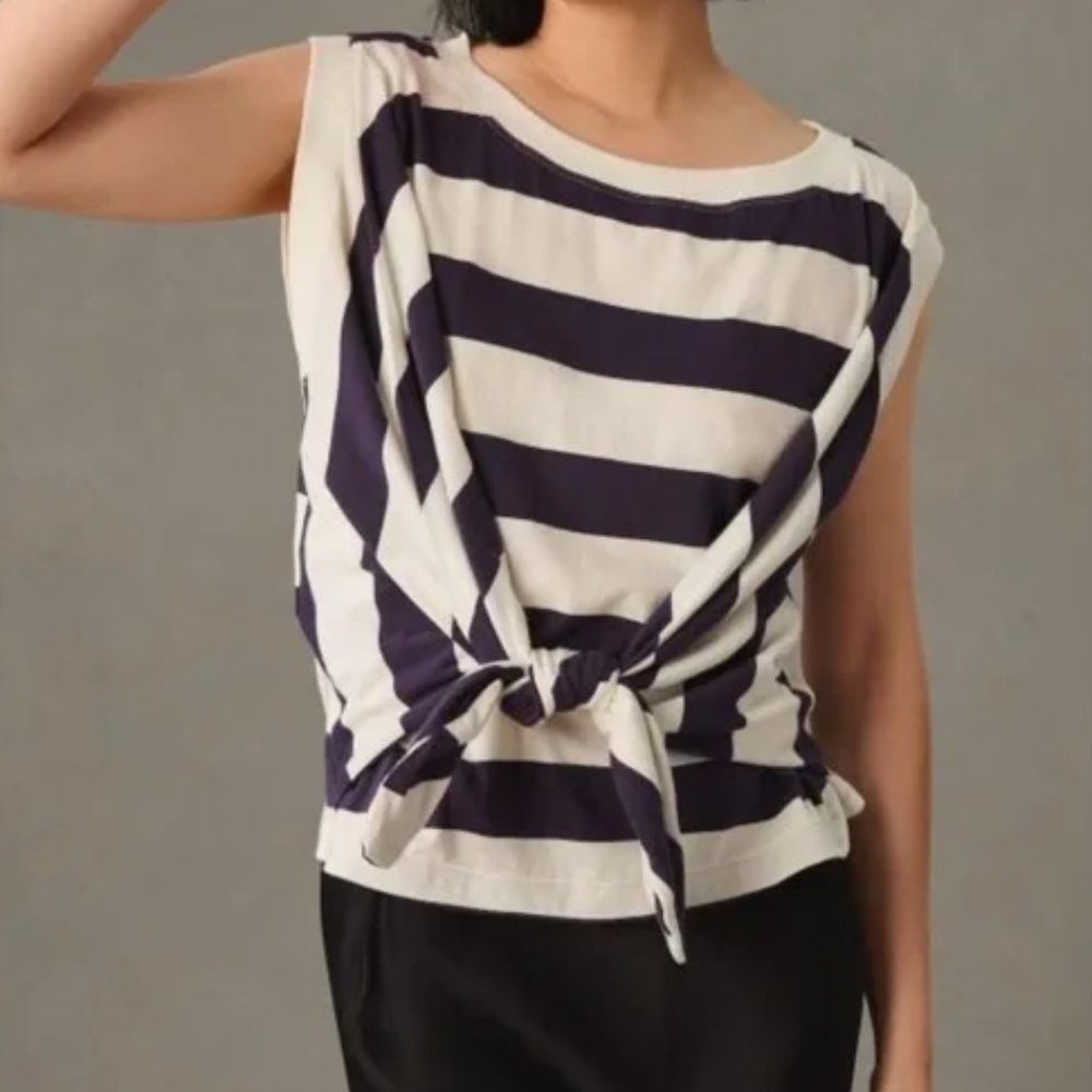 Striped Tie-Front Short Sleeve Tee - White & Navy